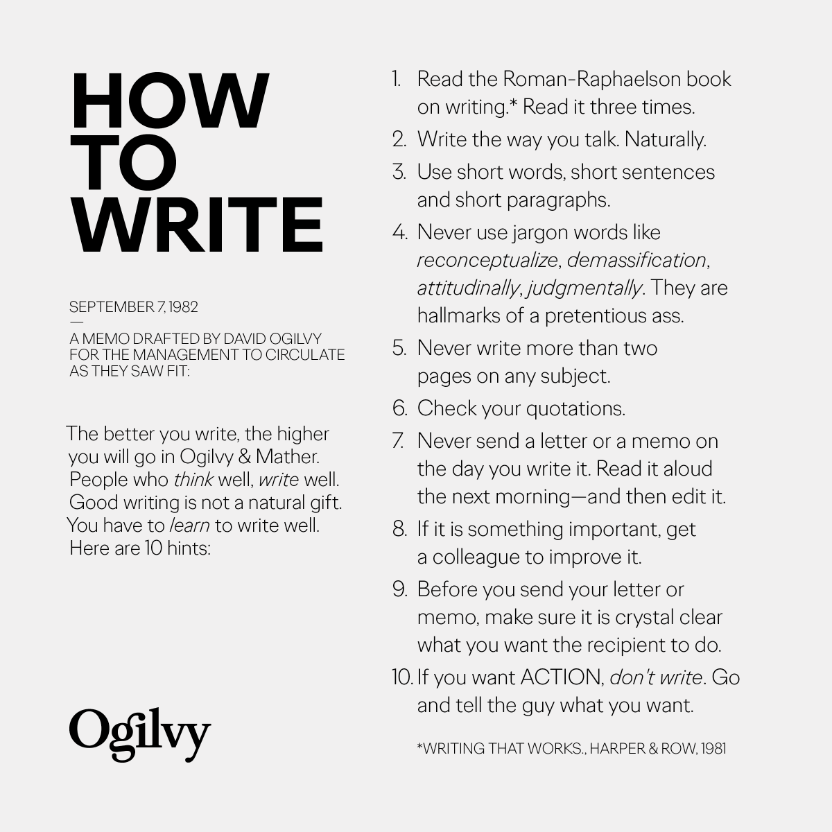 Ogilvy's tweet photo. How to Write – A memo drafted by David Ogilvy on September 7, 1982, for the management to circulate as they saw fit #TBT https://t.co/Ld4eITEhCn