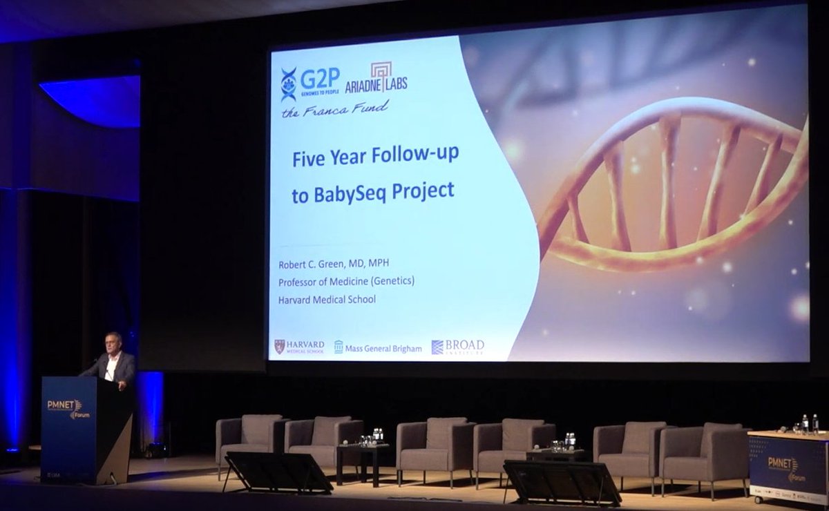 Genomes2People's tweet photo. Dr. @RobertCGreen gave a talk about the 5 year follow-up to #BabySeq Project at #PMNetForum 2023 in Riga, Latvia, where he was invited to be a keynote speaker.
The #BabySeq project revealed unanticipated monogenic disease risks in 11% of newborn babies.
https://t.co/fPaMNYWILT https://t.co/j2xZ8JwEtx
