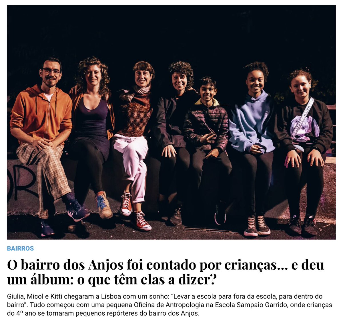 Kitti Baracsi (@baracsikitti) on Twitter photo An article in <a href="/mensagem_lisboa/">Mensagem de Lisboa</a> about a research carried out with and by children in the Anjos neighbourhood and the recent creation of the 'Sounds of metamorphosis' album based on this collaborative urban ethnography. amensagem.pt/2024/01/02/bai…
#Lisbon #urban #ethnography #children An article in <a href="/mensagem_lisboa/">Mensagem de Lisboa</a> about a research carried out with and by children in the Anjos neighbourhood and the recent creation of the 'Sounds of metamorphosis' album based on this collaborative urban ethnography. amensagem.pt/2024/01/02/bai…
#Lisbon #urban #ethnography #children