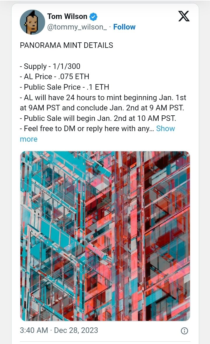 Soheil_SBabaei's tweet photo. Here’s what to look out for thisWeek:
#NFT
Who:#TommyWilson,artist,&professional baseballPlayer
What:Collection of299abstract designs
When:#Jan2
Where:Manifold
https://t.co/cPOywXTnSH
Why:“#Panorama,”combines solid architectural structures with the freedom of abstractDesigns. https://t.co/vHY1pGdKaa