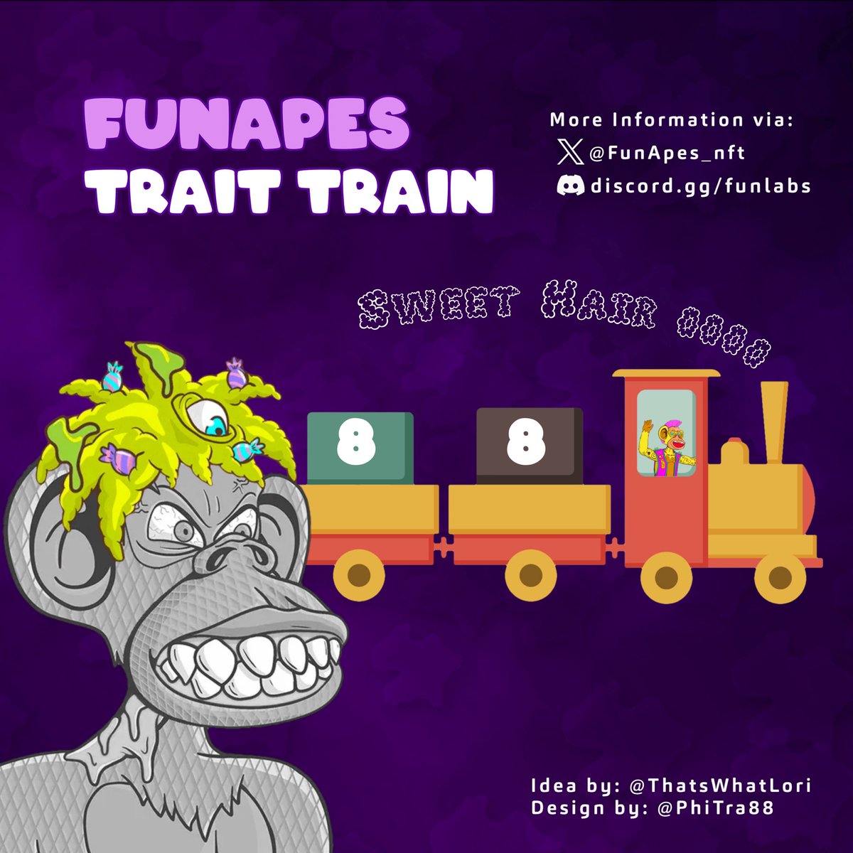 ThatsWhatLori's tweet photo. GM, #FunApesNFT Fam ๐
Welcome to day 88 of our 171 day long trait train ๐
Today we are showcasing a hat trait - Sweet Hair ๐ฌ
๐Category: hat
๐Supply: 262
๐
rarity: 3%
Post your Sweet Hai ๐ฌ
FA# 4163 owned by @OutThereArtNFT https://t.co/WZJ0Pw7uD7