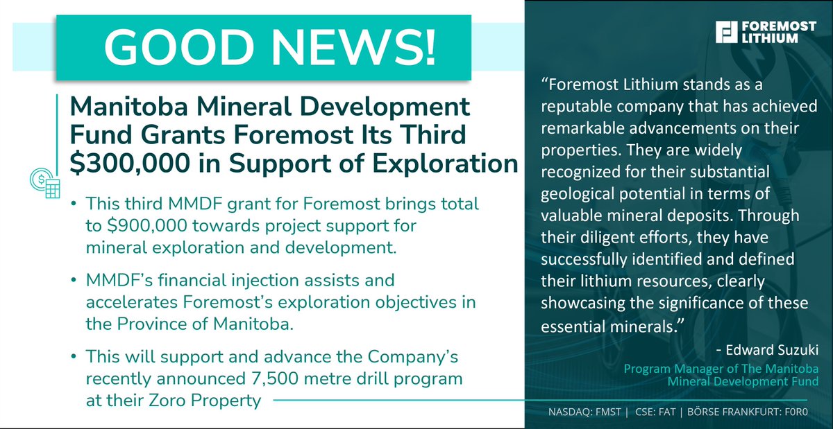 fmstcleanenergy's tweet photo. Foremost Lithium is pleased to announce that it has once again been provided a $300,000 grant from the MMDF to advance #drilling at its Zoro Lithium Project. https://t.co/4ckRpZ6iyK See today's news for details. $FMST $FAT.C #lithium #batteryminerals #electricvehicles #MMDF https://t.co/Q1KuyZXSCN