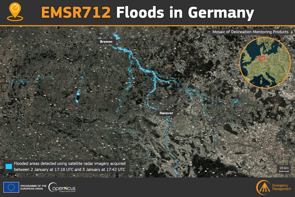 #EMSR712 #Floods in #Germany🇩🇪 According to our latest observations: ▶️A total flooded🌊 area of 4⃣1⃣,3⃣9⃣5⃣ha has been detected across 9 AoIs ▶️Delineation products have been requested for the new AoI of Berga in Thuringia Updates at👇 rapidmapping.emergency.copernicus.eu/EMSR712/report…