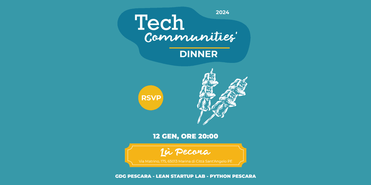 PythonPescara's tweet photo. Buon 2024 da #PythonPescara 🐬

Per iniziare l'anno, venerdì 12 gennaio 2024 abbiamo organizzato il "Tech Communities' Dinner" con @GDGPescara e #LeanStartupLab 👥

Per partecipare ad una serata di #networking e #arrosticini iscrivetevi (posti limitati) 👇
https://t.co/ytAeTOzHc0 https://t.co/8wfSpiv12A