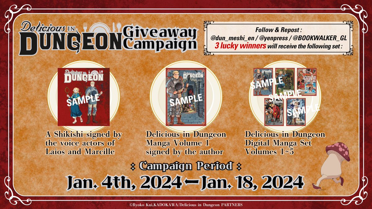 🐲 Delicious in Dungeon Premiere Giveaway 🐲 In celebration of the TV anime launch, we're hosting a SPECIAL giveaway! REPOST & FOLLOW @dun_meshi_en, @yenpress & @BOOKWALKER_GL for a chance to win a SIGNED shikishi, SIGNED manga by the author, and digital manga set!