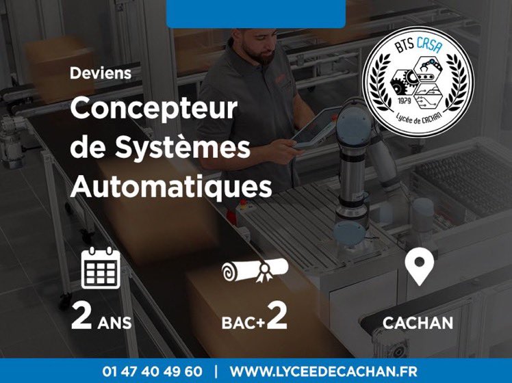 Votre plate-forme favorite d’accès aux études supérieure est ouverte !
Avez vous envisagé la filière industrielle et le BTS CRSA pour devenir concepteur de systèmes automatiques ?

lyceedecachan.fr/bts/bts-crsa/

#Parcoursup #CRSAcachan #etudesup #postbac #orientation