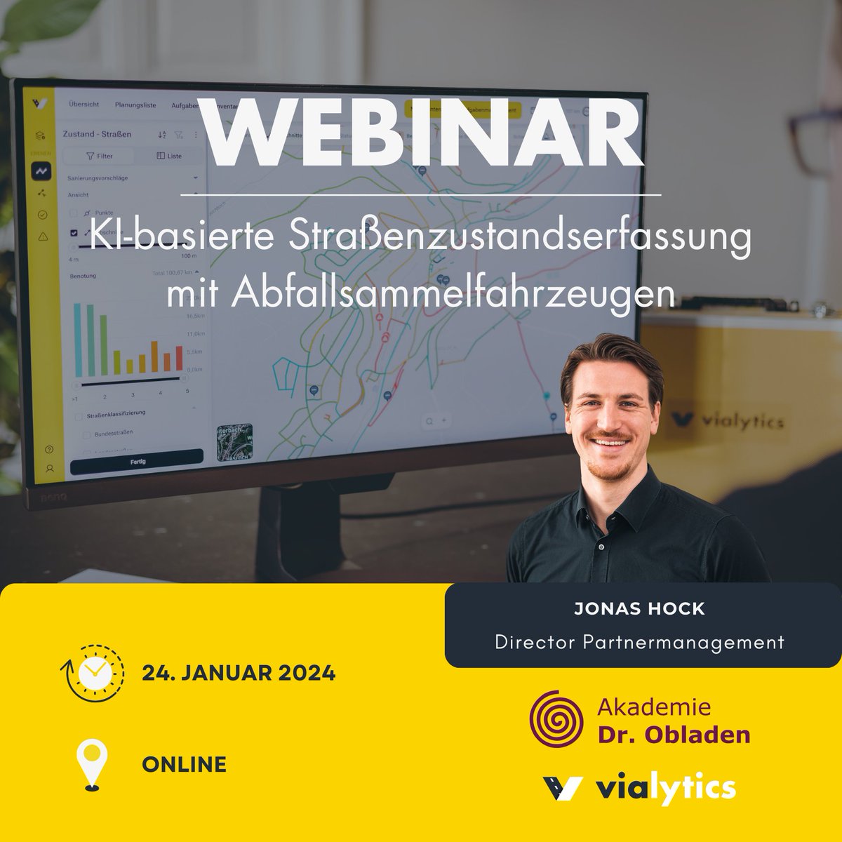 📢Aufgepasst: Unser Experte und Leiter des Partnermanagements Jonas Hock referiert am 24. Januar 2024 im Webinar der Akademie Dr. Obladen.🚀
Anmeldung unter bit.ly/3TSx6Vl

#webinar #KI #kommunal #straßenzustandserfassung #abfallwirtschaft #entsorgungsbetriebe #vialytics