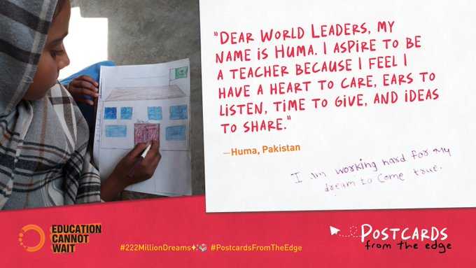 “I aspire to be a #teacher because I feel I have a heart to care, ears to listen, time to give & ideas to share” ~Huma, #Pakistan🇵🇰.❤ Read her #PostcardsFromTheEdge to see how #ECW & @Unicef_Pakistan are making #222MillionDreams✨📚 come true! 👉bit.ly/3R7l4UE @UN