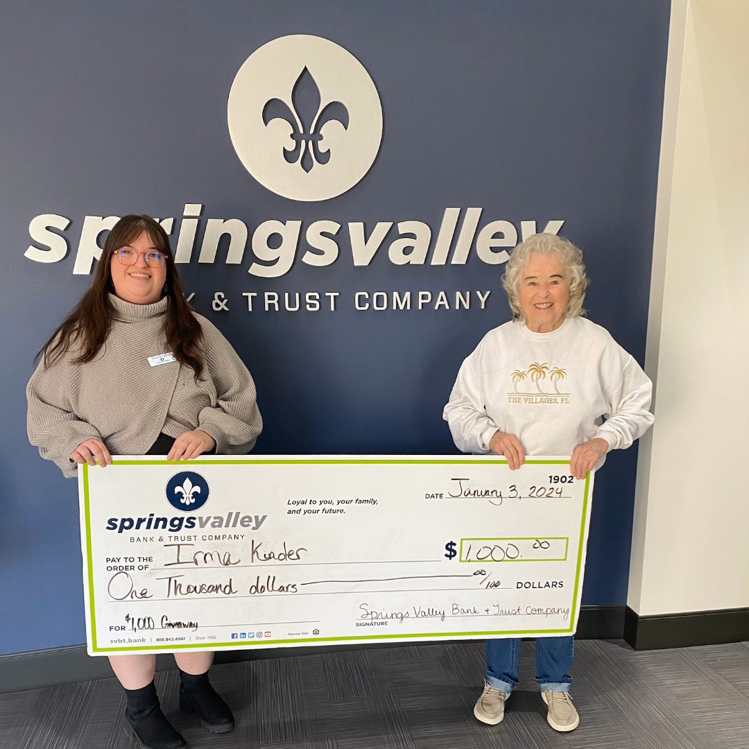 SpringsValleyBT's tweet image. #Winner! 🏆
Congratulations to Irma Kinder, the winner of our $1,000.00 giveaway!💰🎉

Be sure to stop by your Springs Valley Banking Center to enter our current giveaway!  #Giveaway #ColdHardCash #SVBT

➡️svbt.bank/Checking.aspx