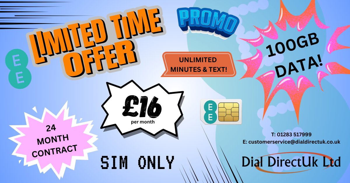 DialDirectUk's tweet image. New year, new sim? Be quick and get this limited time offer with EE! 100GB of data for only £16 per month! Contact us on 01283 517999 for more information. #mobile #simonly #upgrade #ee #promo