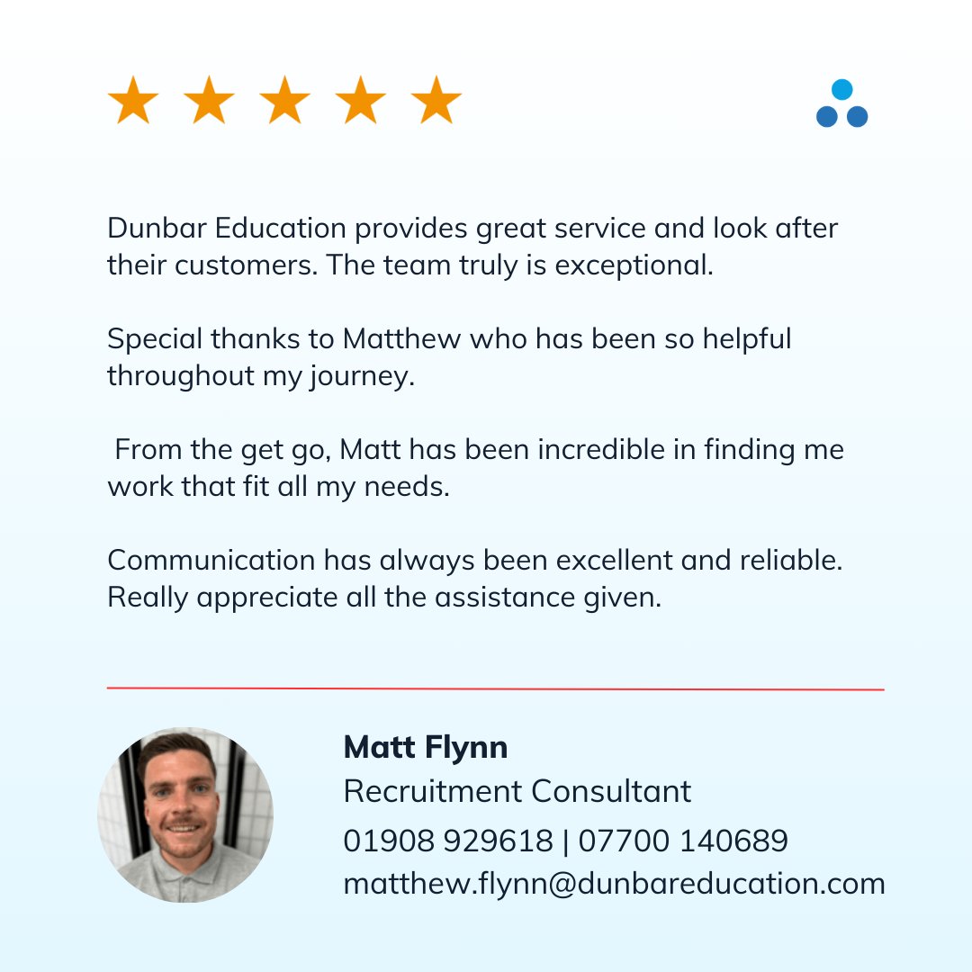 dunbareducation's tweet photo. Another Success Story!

We're thrilled to share this glowing review from one of our recent candidates. Their journey to finding the perfect teaching role was smooth and supported, thanks to our dedicated team, including Matt Flynn.

#DunbarSuccess #TeacherTestimonial https://t.co/C3y4P5YvVw