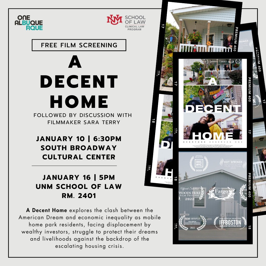cabq's tweet photo. Don’t miss this compelling documentary screening of A Decent Home, presented in partnership with UNM Law! 📽️ Catch one of two free screenings followed by a discussion with filmmaker Sara Terry. #OneAlbuquerque #AHomeForAll https://t.co/S4UiwiyV94