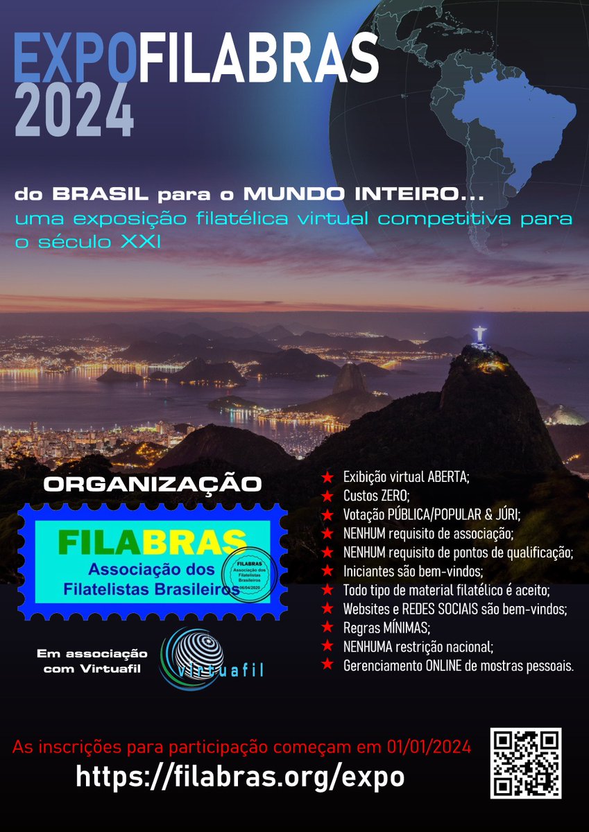 virtuafil's tweet photo. Site da exposição filatélica virtual EXPOFILABRAS 2024 está aberto ao público em https://t.co/MeDwBoEhDX
As inscrições online para participação já estão abertas. Todos bem-vindos! TUDO sem custos!
#Selos #Filatelia #Correios #Brasil https://t.co/4ltlBM7OF2