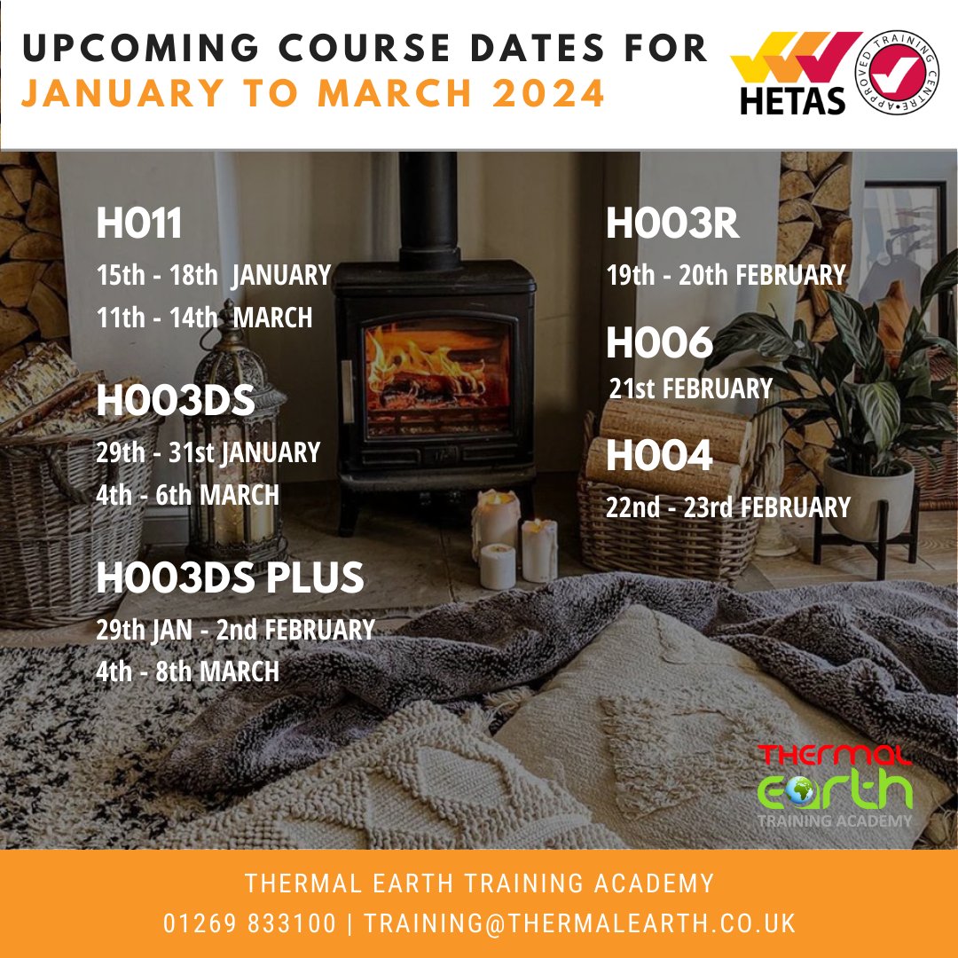 Looking for a #HETAS course in 2024? 
Why not come to the only HETAS approved training centre in Wales!  Check out all our available courses and dates below 👇👇

#thermalearthacademy #training #HETASWales #trainingcentre