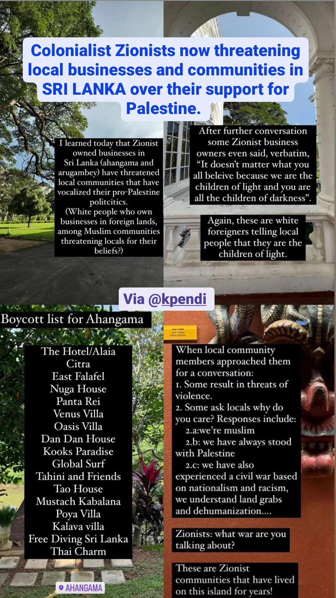 PSA that there's a group of zionists in Ahangama who are threatening locals. Tell them to go back to Europe cos we have enough problems without more land grabbers pls 🙄

Source: Keshia Pendi

#IsraelApartheid #SriLanka