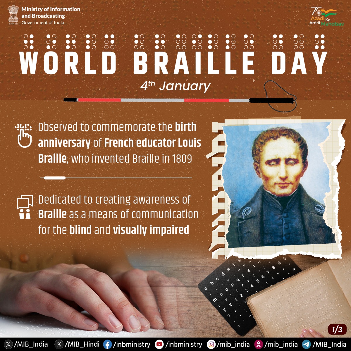 Embracing the power of inclusion and accessibility, ensuring a world where everyone can read and thrive!📖

👁️‍🗨️On #WorldBrailleDay, know about the initiatives of the Government that are empowering the visually impaired!

🔷Observed to commemorate the birth anniversary of French…