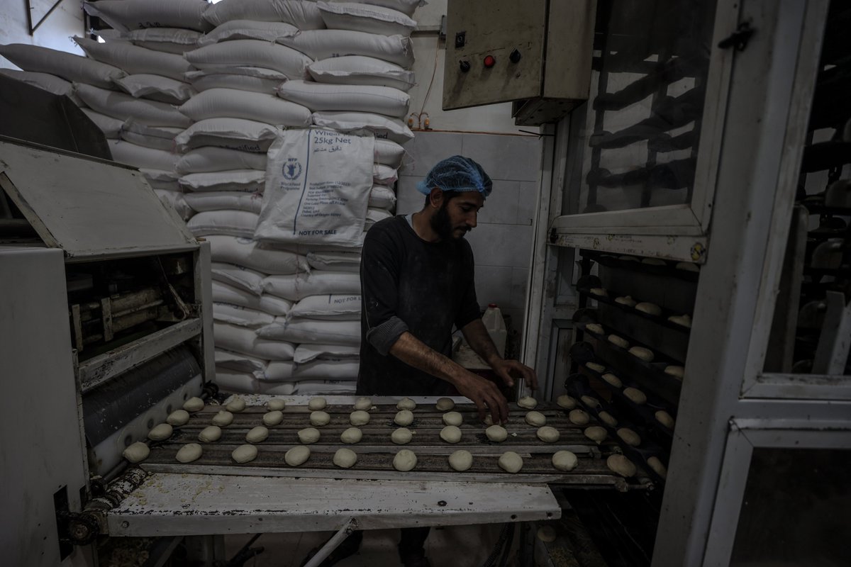 Some bakeries in #Gaza are now bouncing back, after being closed for over a month. @WFP provided them with wheatflour & other resources so they can start making bread for people in communities again. 📸@WFP -supported bakery in Deir El Balah today.