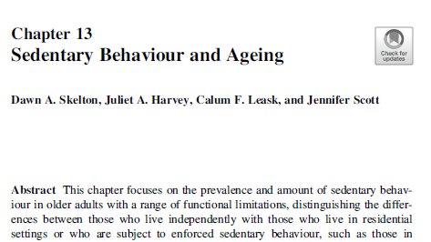 Juliet Harvey (also on BlueSky & LinkedIn) (@drjulietharvey) on Twitter photo PUBLISHED: Sedentary Behaviour & Ageing Chapter in 2nd Ed Sedentary Behaviour Epidemiology Book
Available online here:
link.springer.com/book/10.1007/9… <a href="/LaterLifeTrain/">Later Life Training</a> <a href="/DrCalumLeask/">Calum Leask</a> <a href="/JScottResearch/">Jennifer Scott</a> @nhsggc <a href="/nhsggclibrary/">NHSGGC Libraries</a>
#SitLessMoveMore #GetActive #ActiveWards PUBLISHED: Sedentary Behaviour & Ageing Chapter in 2nd Ed Sedentary Behaviour Epidemiology Book
Available online here:
link.springer.com/book/10.1007/9… <a href="/LaterLifeTrain/">Later Life Training</a> <a href="/DrCalumLeask/">Calum Leask</a> <a href="/JScottResearch/">Jennifer Scott</a> @nhsggc <a href="/nhsggclibrary/">NHSGGC Libraries</a>
#SitLessMoveMore #GetActive #ActiveWards