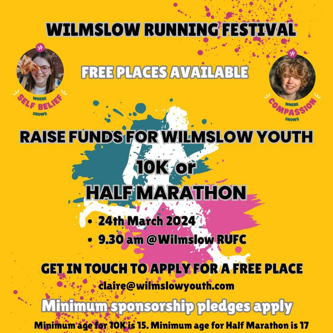 Get fit, improve your wellbeing and raise funds for Wilmslow Youth. Some free places available for both the 10K and the Half Marathon. Get in touch claire@wilmslowyouth to apply for a free place.  #wilmslowrunningfestival #wilmslow 
#handforth #TeamWilmslowYouth