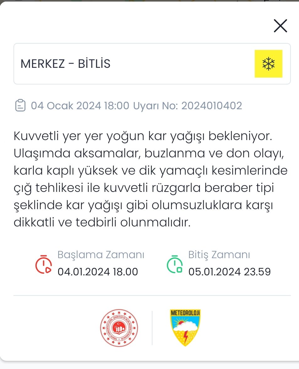 VanBolgeMeteor's tweet photo. KUVVETLİ KAR YAĞIŞI UYARISI

Bugün öğle saatlerinden sonra bölgemiz genelinin (Van,Muş,Hakkari,Bitlis) karla karışık yağmur ve kar yağışlı sistemin etkisine girmesi beklenmektedir.+++
https://t.co/bFeXUehDPU
#meteouyarı https://t.co/oW4Qq7yLTN