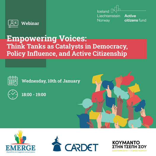 10th January, 18:00-19:00 - <a href="/CardetNGO/">CARDET</a> is organising a thought-provoking webinar on 'Empowering Voices' #ThinkTanks #Democracy #Policy #ActiveCitizens Speakers include Dr <a href="/ZenonasTziarras/">Zenonas Tziarras</a> (UCY) &amp; our DA Director, Dr <a href="/adamidco/">Constantinos  Adamides</a> <a href="/UNIC_ENG/">University Nicosia</a> <a href="/unic_law/">UNIC School of Law</a>  us02web.zoom.us/meeting/regist…