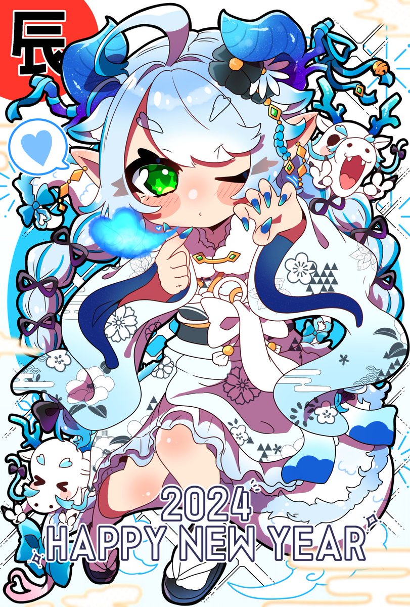 1girl kimono green eyes horns one eye closed japanese clothes chinese zodiac  illustration images