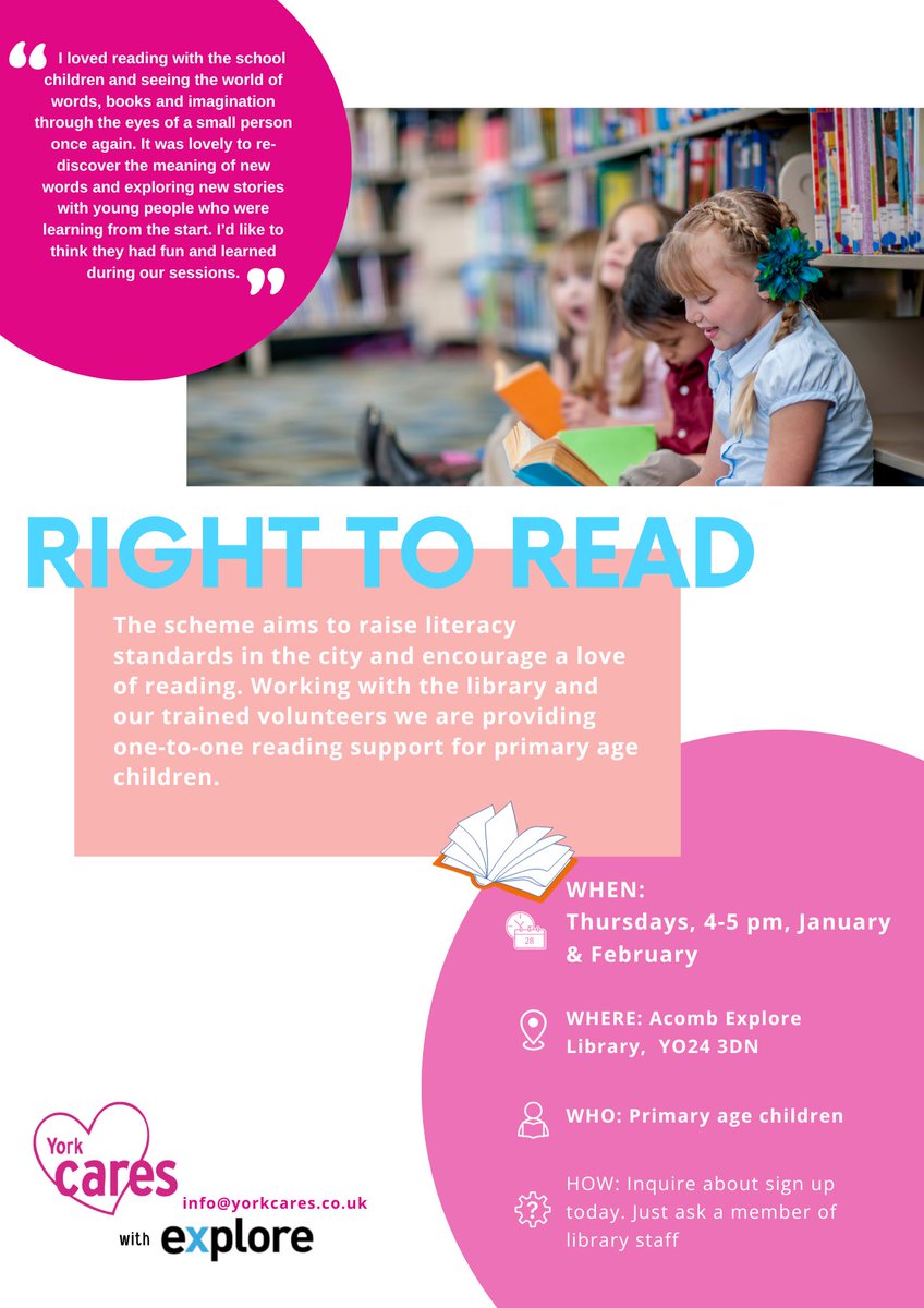 We’re not here anymore – formerly @acombexplore (@acombexplore) on Twitter photo 📚 R I G H T T O R E A D 📚
New session aimed at primary school children launching Thursday 11 January 4-5pm.
Join <a href="/YorkCares/">York Cares</a> and practice reading together in the café area. Each child may book onto a 20 minute session with a volunteer and there will be 3 sessions available. 📚 R I G H T T O R E A D 📚
New session aimed at primary school children launching Thursday 11 January 4-5pm.
Join <a href="/YorkCares/">York Cares</a> and practice reading together in the café area. Each child may book onto a 20 minute session with a volunteer and there will be 3 sessions available.