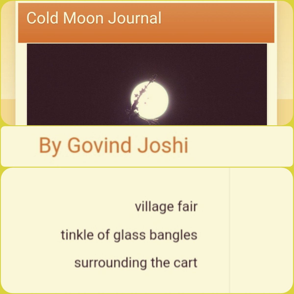 Gjoshi64's tweet photo. Many thanks Editor Robin Jacobson (@beach_haiku) for including my haiku in the Cold Moon Journal - January 2024.
https://t.co/UkMEuryWdc
#ColdMoonJournal #Village #Fair #Bangles
#Haiku #Senryu #ThePlumBlossoms https://t.co/7MIPaIiKYo