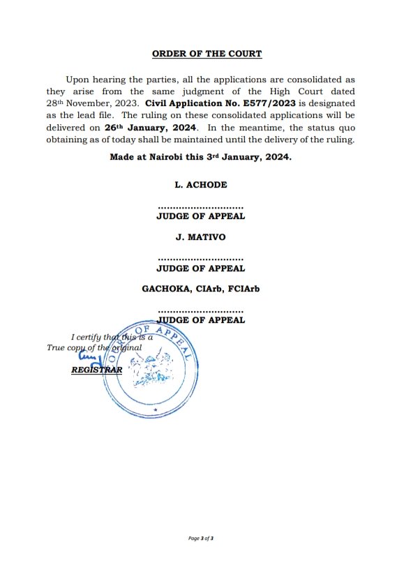 UPDATE: Housing Levy 1. Court of Appeal says status quo prevails regarding the Housing Levy (i.e. payslip Kenyans to continue being deducted to the 1.5% of gross matched by another 1.5% by the employer) 2. The Court of Appeal will give it's verdict on January 26th, 2024
