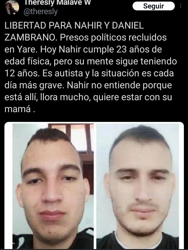 anilda7777777's tweet image. Juan es Autista . Todas las personas que se han relacionado de manera directa con personas que tiene está condicion sabe los desafíos que ellos tienen q enfrentar a diario. Pedimos a las autoridades que le dé un indulto #LibertadAJuanYDanielZambrano 
#Austimo @NicolasMaduro