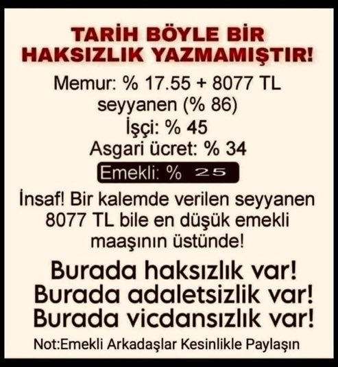 tetikci064's tweet photo. Emekli enflasyona ezdirildi !

Emekli hakkını helal etmiyor

Memur %25 + 8.077 TL'yi neye göre aldı ?

Emekli niye 8.077 TL'yi almadı ?

MV %25 + 4.000 TL'yi neye göre aldı ?

@isikhanvedat @memetsimsek 
@Akparti @MHP_Bilgi 

OY MOY YOK 

 #EmeklidenRest

#EmekliyiYokSayanaOyYok https://t.co/Jv3Y55zchK