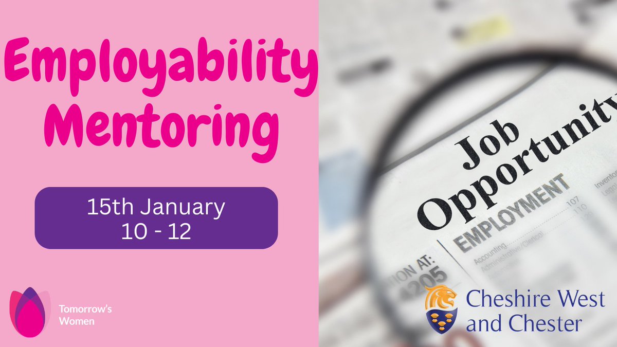 <a href="/Go_CheshireWest/">Cheshire West</a> are running employability mentoring. In a group setting, they will be offering support for anyone unemployed and wanting to get into work, training, apprenticeship or even wanting to make a career change #tomorrowswomenchester #supportinchester #employability