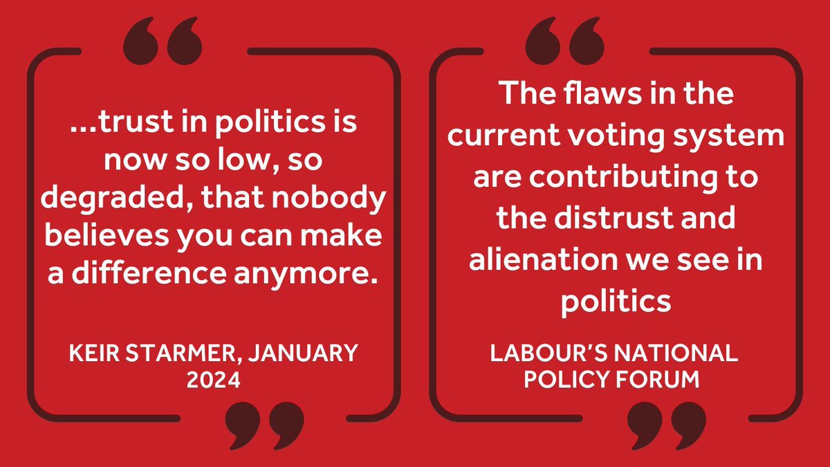 MakeVotesMatter's tweet photo. "...trust in politics is now so low (...) that nobody believes you can make a difference anymore." - @Keir_Starmer

Labour knows that FPTP is "contributing to the distrust and alienation we see in politics" 

Starmer MUST commit to #ProportionalRepresentation https://t.co/AZA8bJazzY