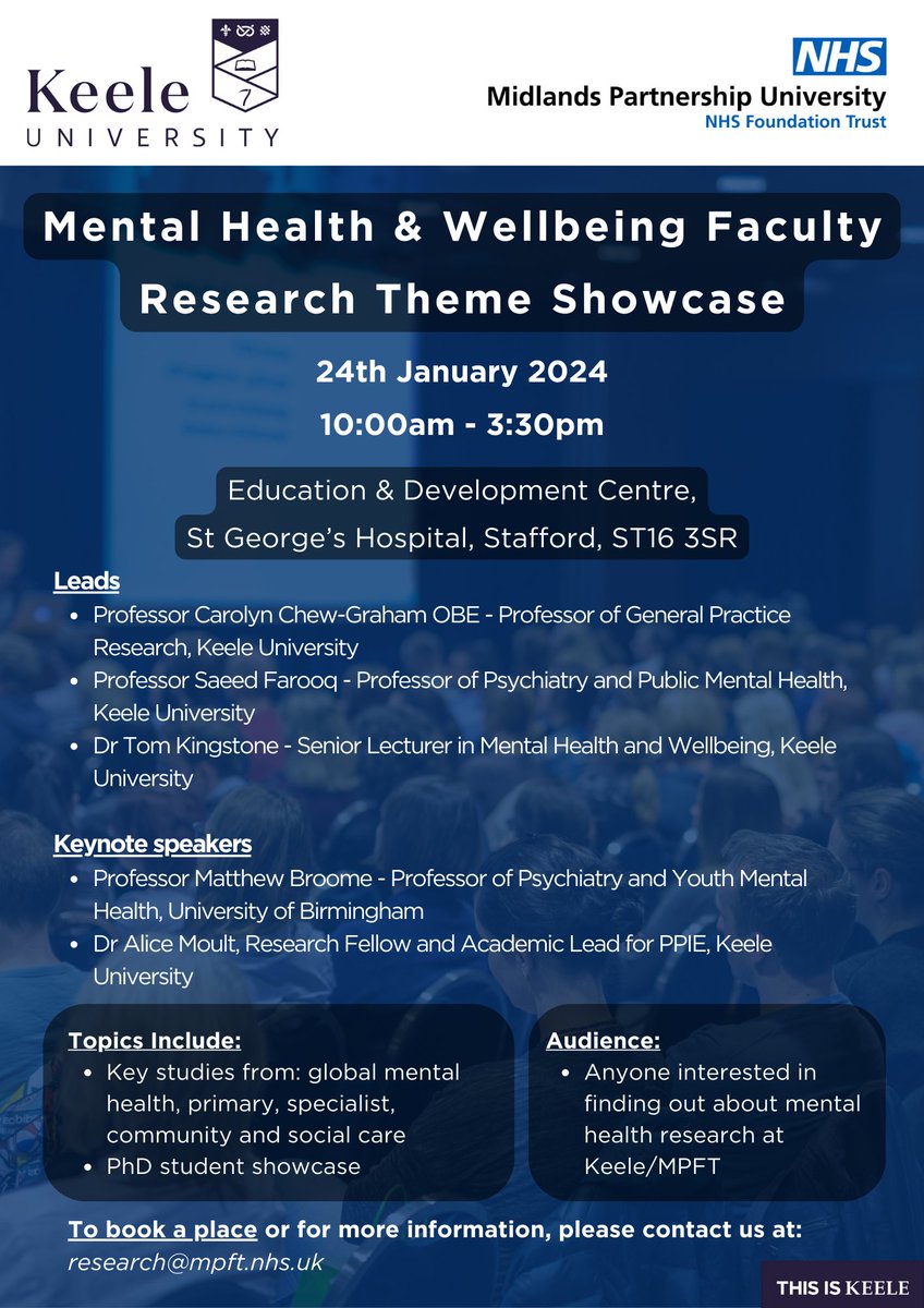 On the 24th January 2024, MPFT will be hosting a Mental Health & Wellbeing Faculty Research Theme Showcase in collaboration with Keele University. There are a handful of spaces left to book! For more information please email: research@mpft.nhs.uk #MPFT #KeeleUniversity