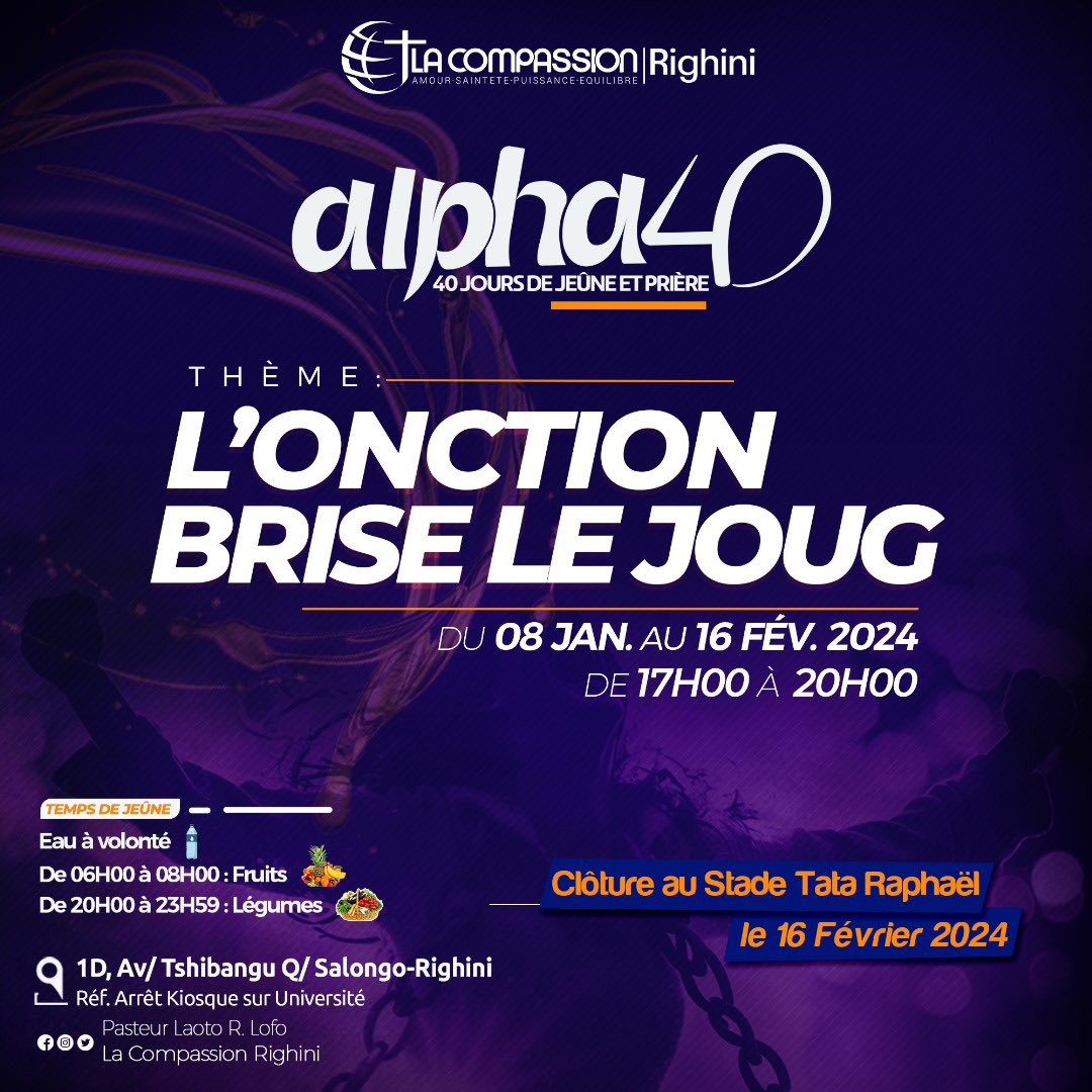LaCompassionLCR's tweet photo. La semaine prochaine dans nos murs ‼️

ALPHA40  : 40 jours de jeûne et prière pour débuter l’année en puissance. 
📌 Du 08 Janvier au 16 février 2024

THÈME : L’ONCTION BRISE LE JOUG 🔥🔥🔥

Soyez les bienvenus et assoiffés de sa présence. Dieu nous fera énormément du bien 👍 https://t.co/scqr24ddL0