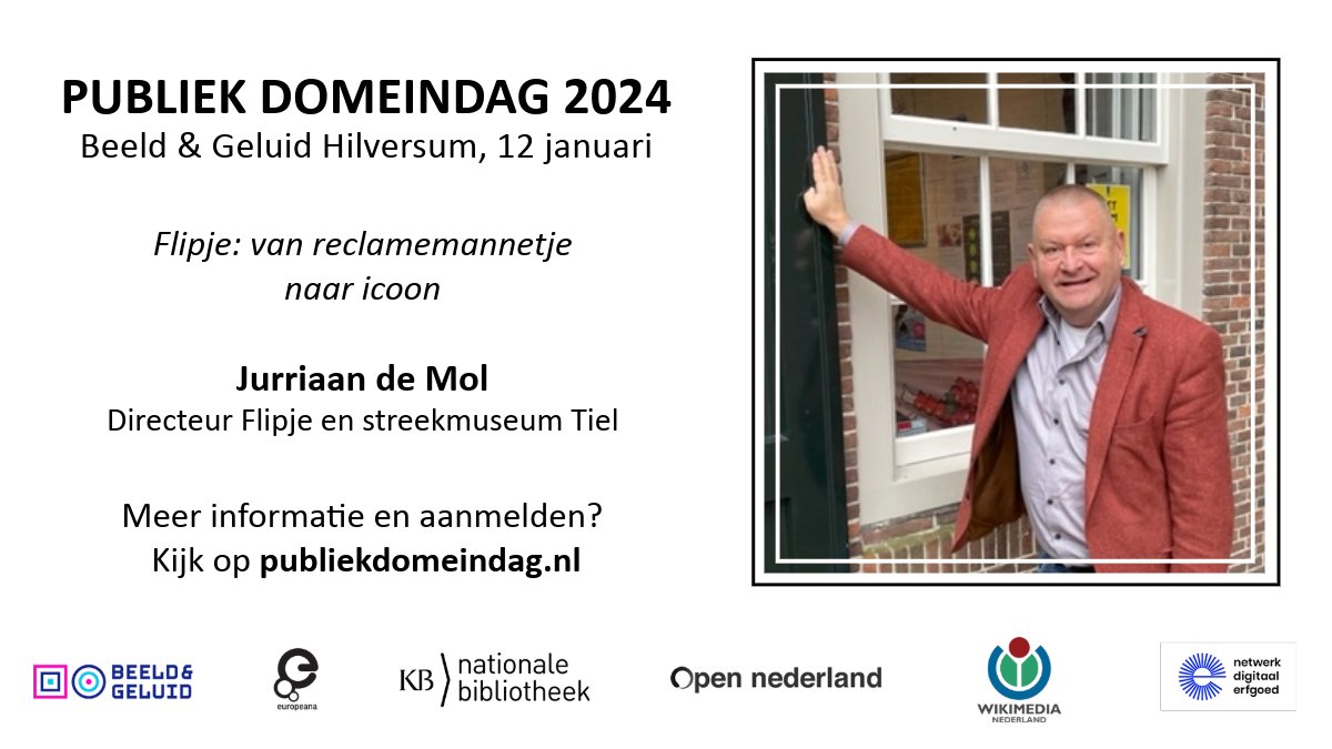 Volgende week vrijdag is het zover! Dan vieren we #publiekdomeindag! We hebben een prachtig  programma met een keynote presentatie van Jurriaan de Mol, directeur van het <a href="/flipjemuseum/">Flipje van Tiel</a>🧑‍🍳✨ Voor #flipje en zoveel meer, meld je aan!
👉publiekdomeindag.nl
