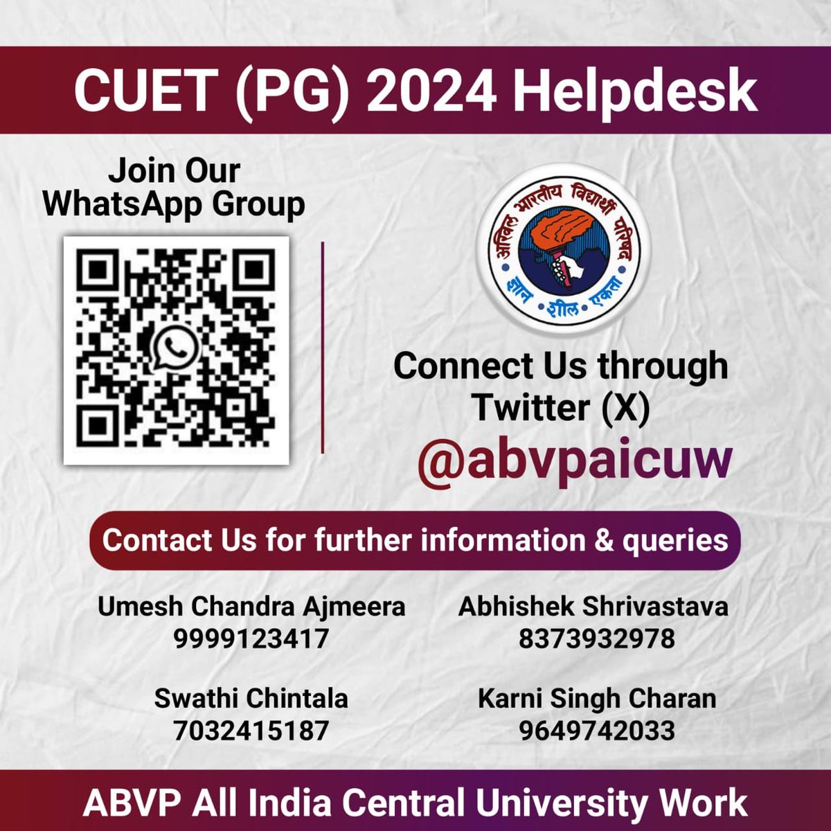 abvpjnu's tweet photo. CUET (PG) 2024 Helpdesk

Join Our WhatsApp Group:
https://t.co/RkI11ZeywO…

Contact Us for further information &amp; queries:

Umesh Chandra Ajmeera
9999123417

Swathi Chintala
7032415187

Abhishek Shrivastava
8373932978

Karni Singh Charan
9649742033

#CUET #CUET_PG #PG  #ABVP https://t.co/3u2FXh33MH
