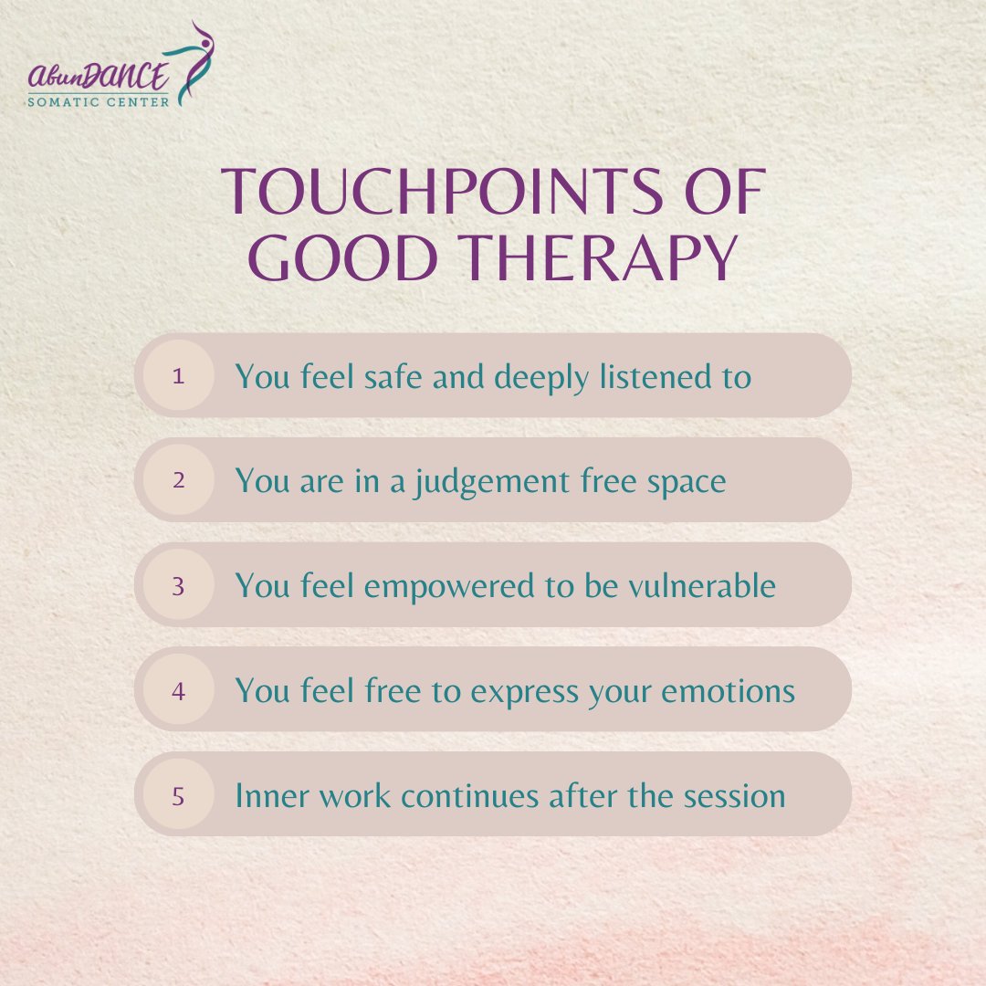 How do you knw when you have found a good fit with a #therapist? Here are few good ways to tell. 

#abundancesomaticcenter #mentalhealth #mentalhealthawareness #mentalhealthmatters #mentalhealthadvocate #mentalhealthadvocacy #therapy #therapyworks #therapist #goodtherapy