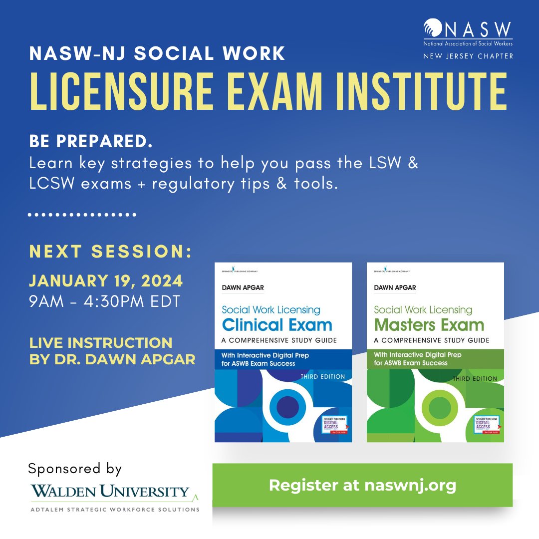 Elevate your social work journey with our Online Social Work Licensure Exam Institute! Whether you're gearing up for the NJ LSW or LCSW Exam, BE PREPARED with key content, strategies, and best practices for licensing compliance. Register now: bit.ly/3TsMgjG