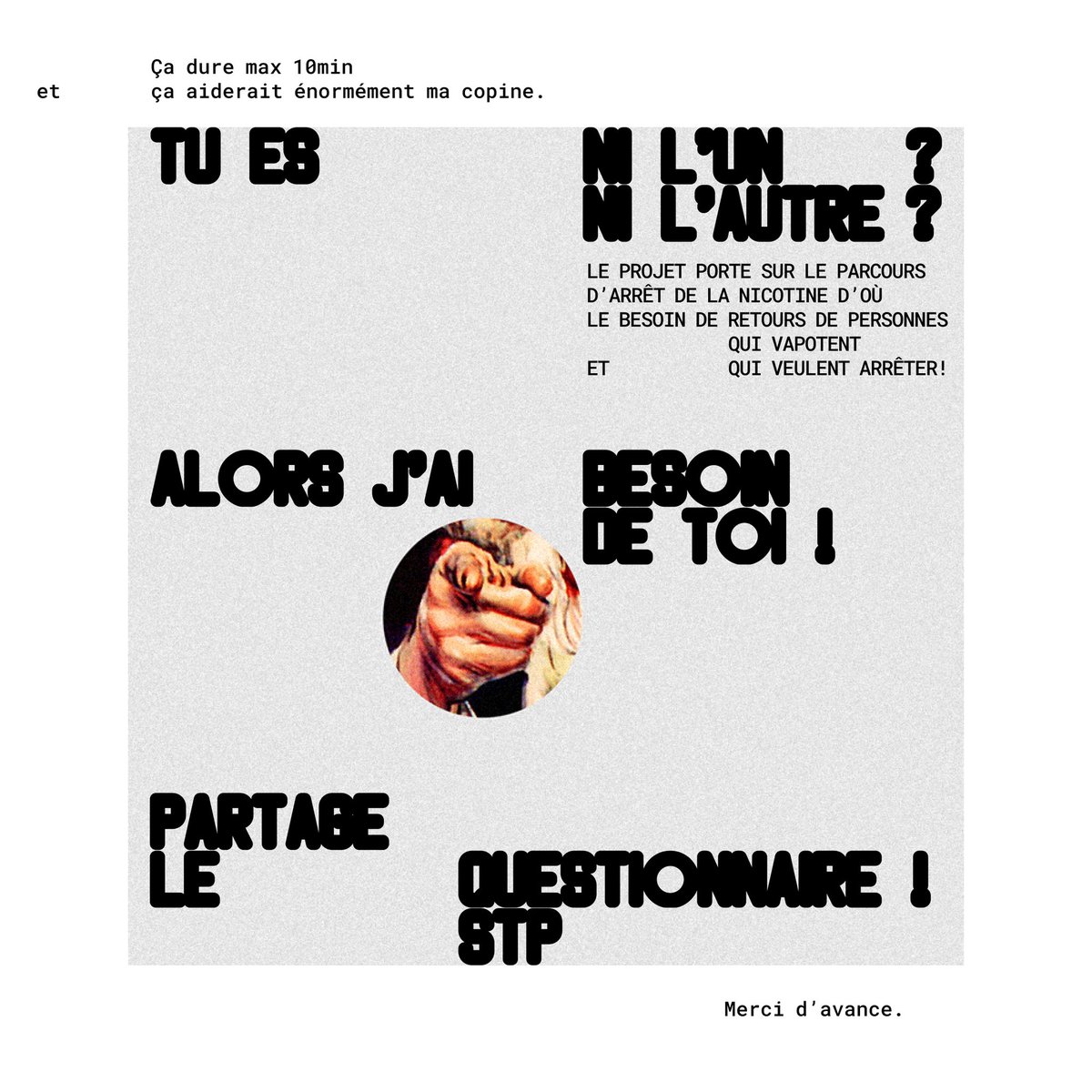 flOvism_'s tweet photo. Hello la team!
Nouveau visuel pour la bonne cause !!

Est-ce que vous pouvez RT ce post/ce questionnaire autour de vous svp ?

C’est pour un projet scolaire super important !!

Merci d’avance ! 🚬🚬

https://t.co/I9eiLltR3r https://t.co/erjvArnHZP