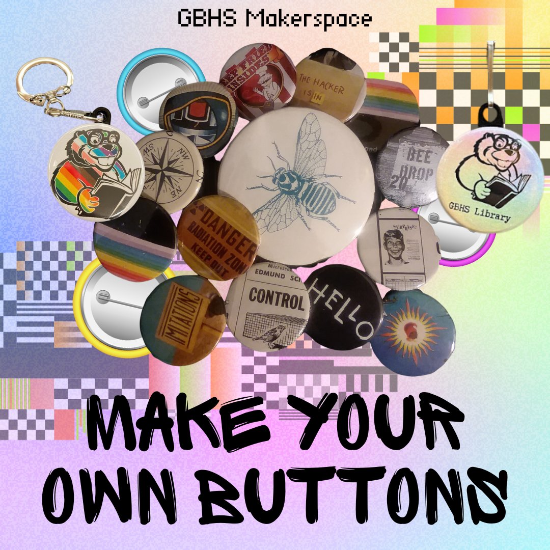 Check out Makerspace Club today during red block! We just got a new mini buttonmaker and supplies to turn your buttons into keychains, zipper pulls, or necklaces! Draw your own art, print images, or collage a button from a magazine. See you today in the library makerspace!