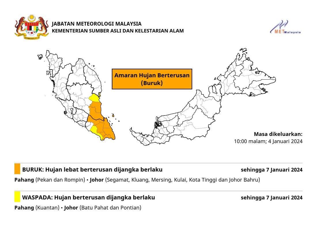 #AmaranHujanBerterusan (BURUK)

Hujan lebat berterusan dijangka blaku di neg.Pahang (Pekan & Rompin) • #Johor (Segamat, Kluang, Mersing, Kulai, Kota Tinggi #JohorBahru) sehingga Ahad, 7 Jan 2024.

Dikeluarkan pd: 10:00 mlm, 4 Jan 2024

Sumber : @metmalaysia 

#jabatanpenerangan