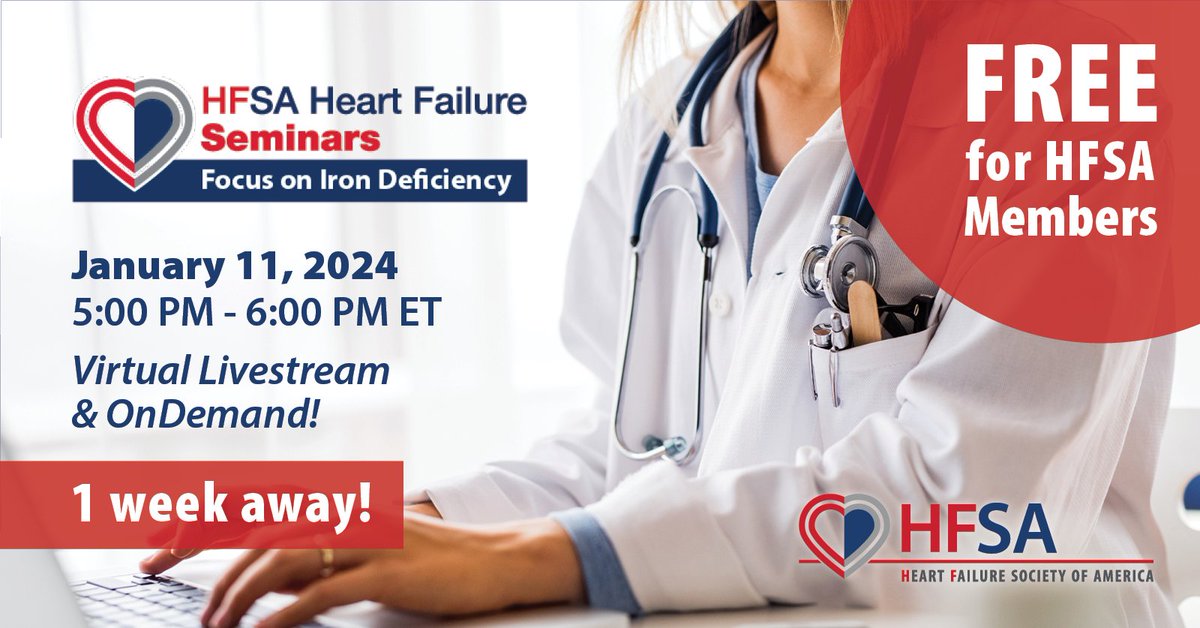 We're just 1️⃣ week away from HF Seminar: Focus on Iron Deficiency! During this live stream, you will discuss the best practices and protocols for identifying and managing iron deficiency in heart failure patients admitted to the hospital. Register now >> hfsa.org/heart-failure-…