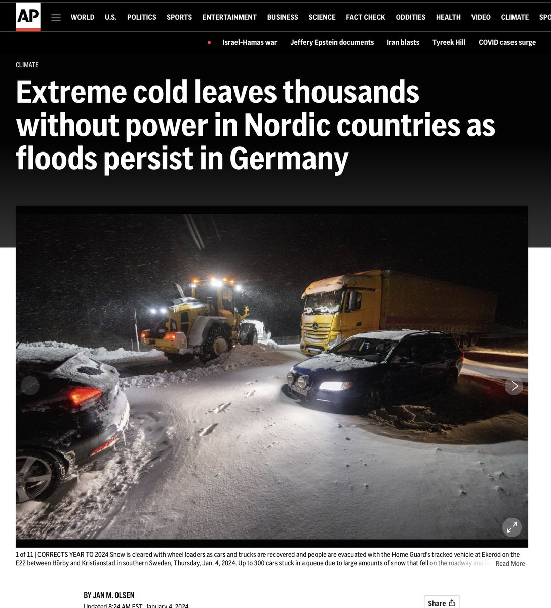 "Electricity was cut to some 4,000 homes in Arctic Sweden where temperatures plummeted to -38°C (-36.4°F)."

Wonder if these poor people are keeping themselves warm by recalling the myths that this is the 'hottest' year in 125,000 years and that the Arctic is warming 4x faster