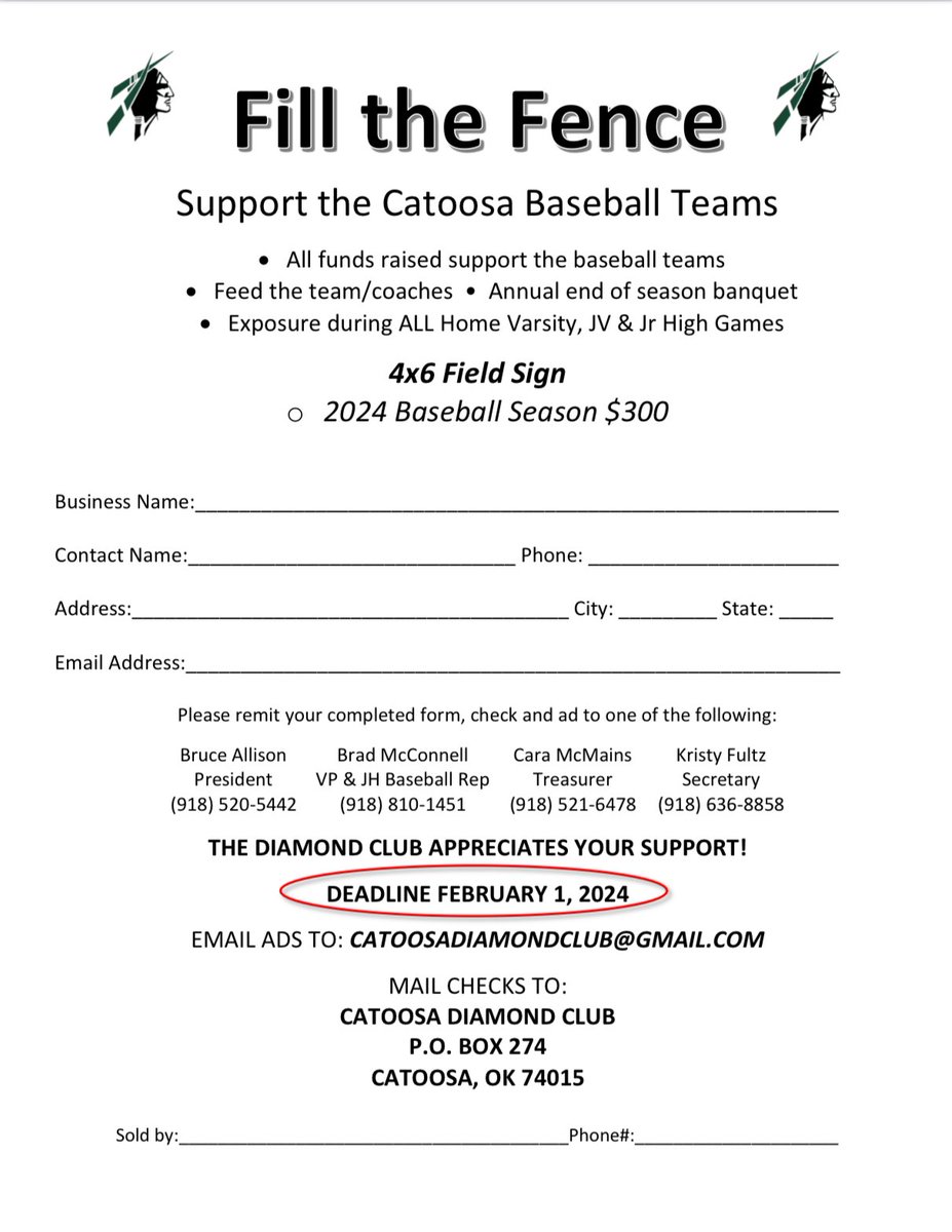 Baseball season is almost here! Help support the Catoosa Indians and promote your business on the outfield fence. Please fill out the attached form and reach out to us to get a field sign with your logo and information on it. Let’s fill this fence up!
#GoIndians