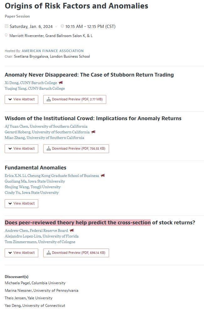 If you're at #ASSA2024 / #AFA2024, I'll be talking about the most shocking research that I've worked on. It makes me wonder if everything I've been taught about asset prices is wrong.  Saturday at 10:15 am with the excellent Theis Jensen (discussant) + <a href="/SBryzgalova/">Svetlana Bryzgalova</a>.