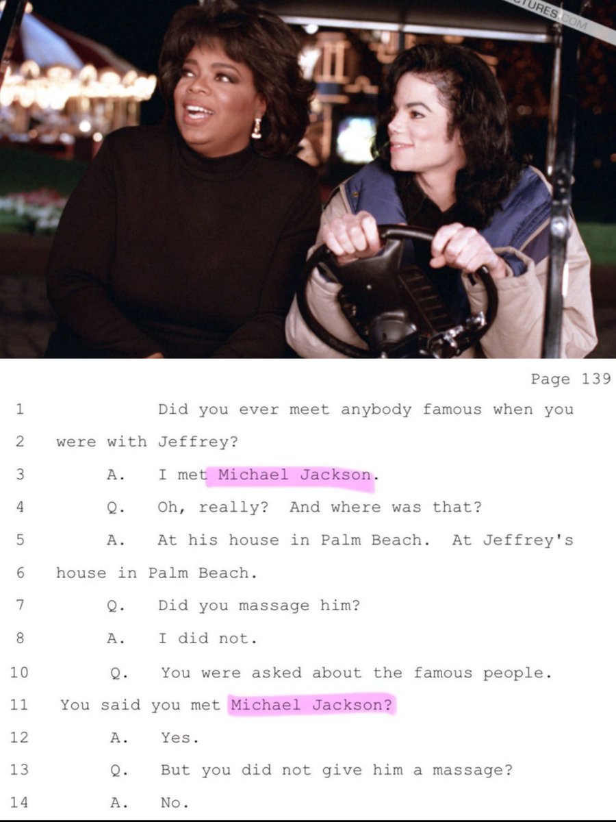 JacksleyArchive's tweet photo. 🚨 INOCENTE! Michael Jackson e Oprah Winfrey foram citados nos documentos do caso Jeffrey Epstein, onde ELA foi listada como cliente enquanto Michael nunca esteve na ilha usada para praticar os abus0s sexu4is. A testemunha afirma que ele NUNCA se envolveu com menores. https://t.co/Gyk9F0Z0wF