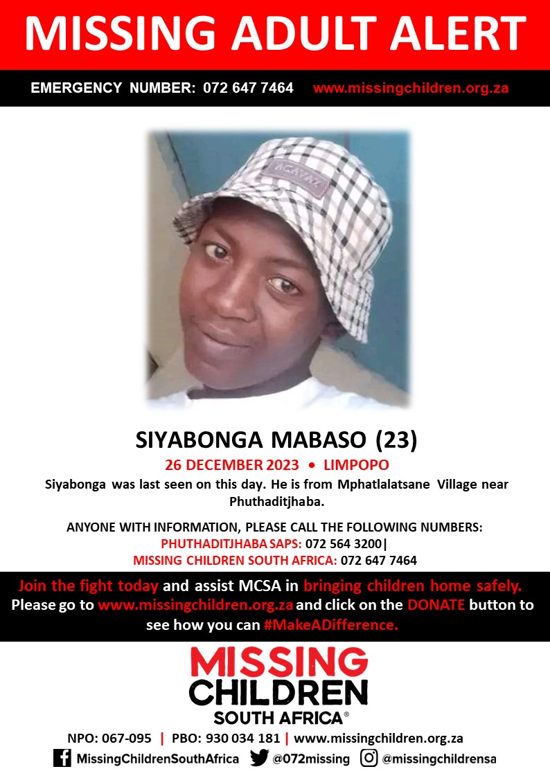 #MCSAMissing Siyabonga Mabaso (23) was last seen 26 December 2023 If you personally, or your company | or your place of work, would like to make a donation to #MCSA, please click here to donate: missingchildren.org.za/page/donate