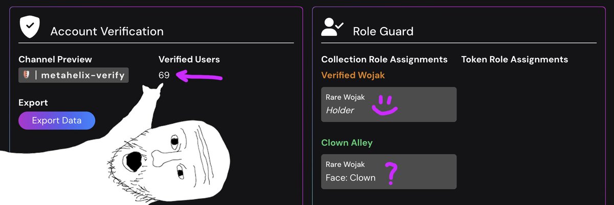 rare_wojak's tweet photo. Our comms went stealth during the bobo market but did you know the squad dropped actionable alpha bombs in da #frenclub this entire time? All Rare Wojak holders gain access by simply verifying their NFT:

1) Join discord:  https://t.co/VNjUcJ5zu9
2) Verify your RW NFT in #metahelix_verify
3) Say GM in da #frenclub