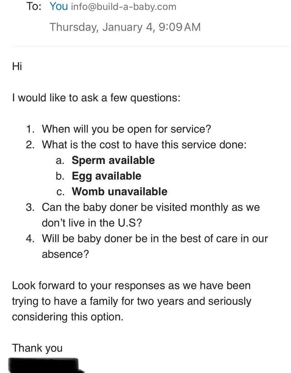 _LauraKlassen's tweet photo. Still getting genuine inquiries to our fake business about our satirical video on IVF: Build-a-Baby.
The satire is strong. 🤪
Also, this is so sad. IVF is human trafficking.
#ivf #buildababy #abortionismurder #fertility #fertilityjourney #fyp #prochoice #prolife https://t.co/V4hSqhqCOs